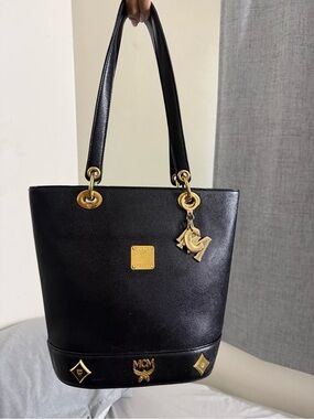 MCM Black Leather Tote with Gold Hardware and Logo Charms